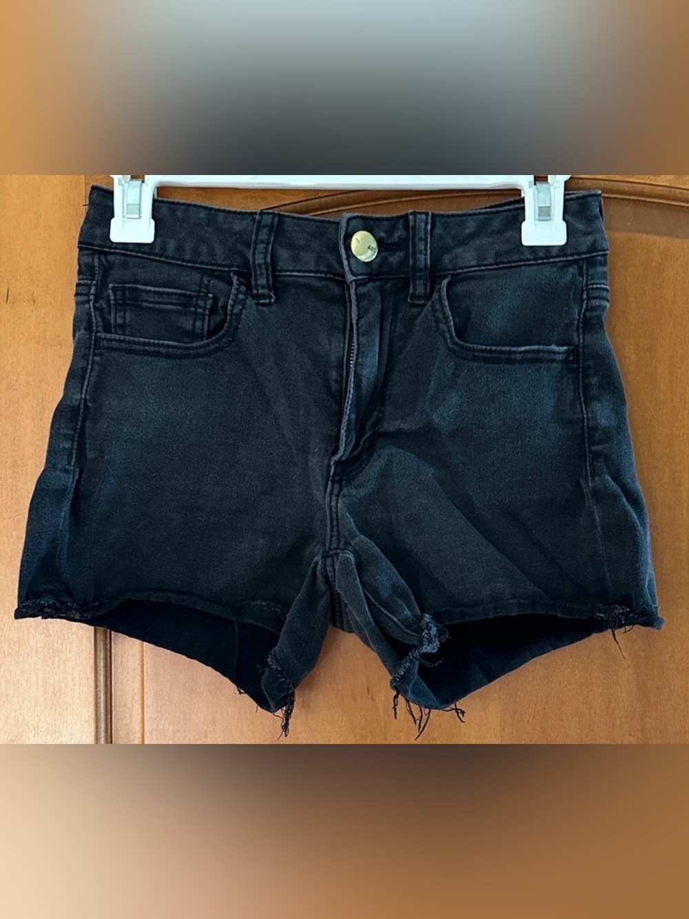 American Eagle Hi-Rise Shortie Black Denim Jean Shorts Super Super Stretch Sz 4